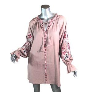Free The Roses Women's Small Boho Pink Embroidered Sleeve Dress Floral Tassels
